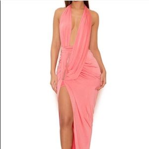 Febe' Coral Draped Deep V Silky Jersey Maxi NWT